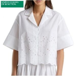 NWT United Colors of Benetton cropped eyelet shirt with Broderie Anglaise, sz M